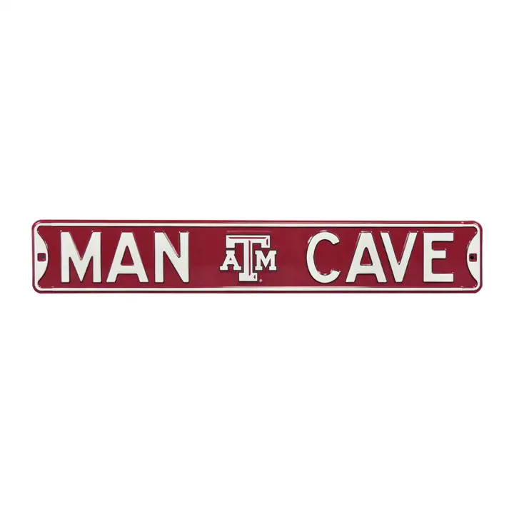 Panneau de rue authentique Texas A&M - Caverne d'homme rouge foncé