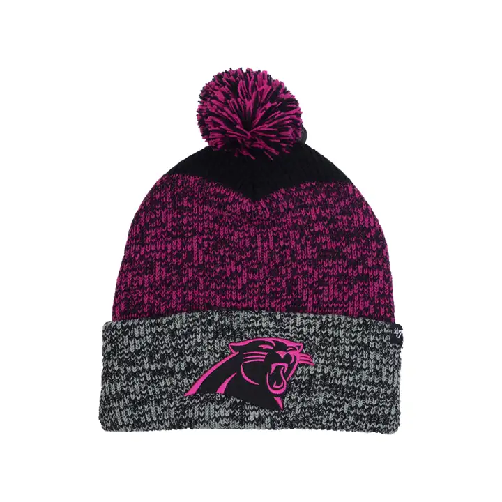 Bonnet en tricot avec pompon et revers fixe NFL Carolina Panthers, noir/rose/chiné