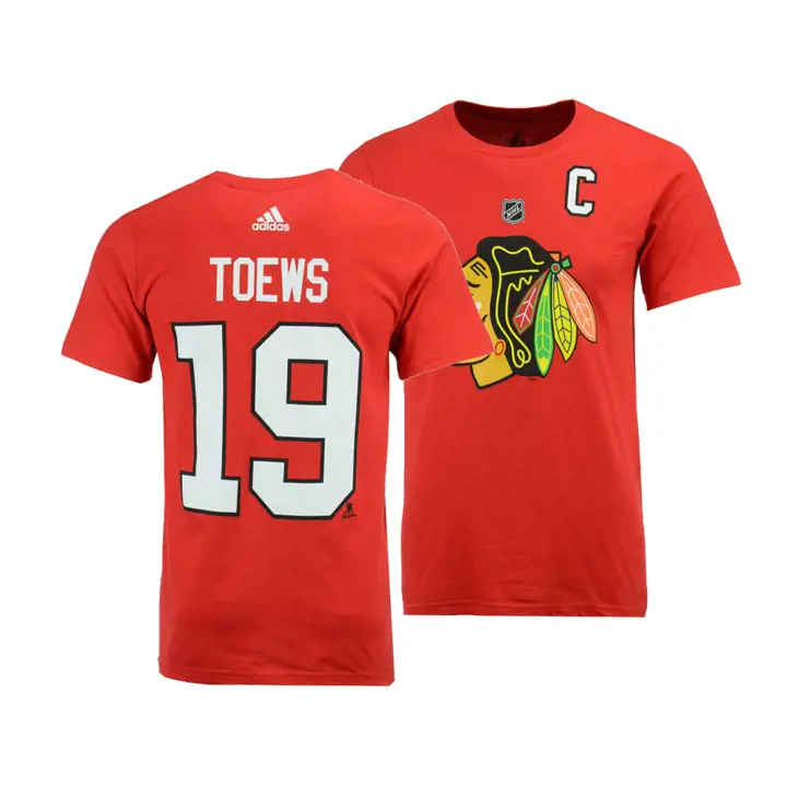 T-shirt de joueur argenté Jonathan Toews des Blackhawks de la LNH ROUGE