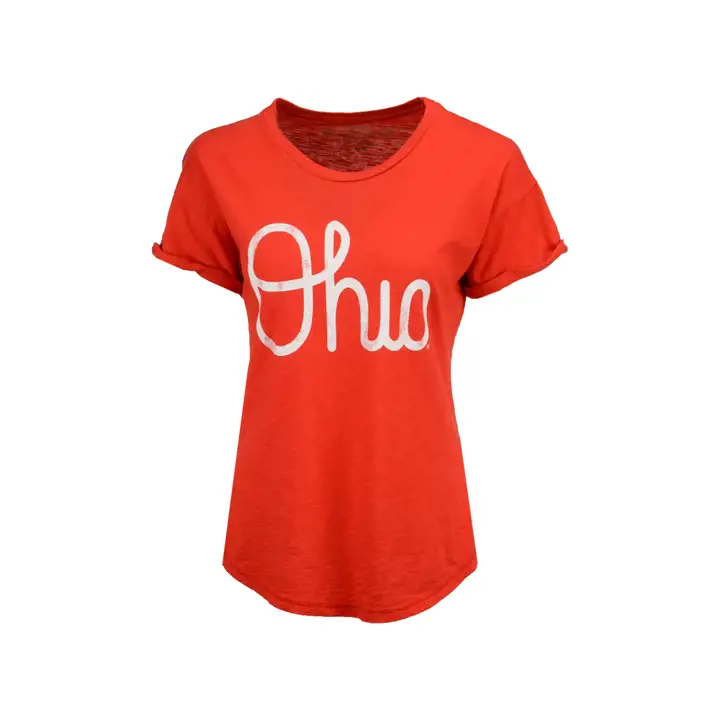 T-shirt femme Ohio State NCAA, manches roulées en jersey flammé, 17, rouge