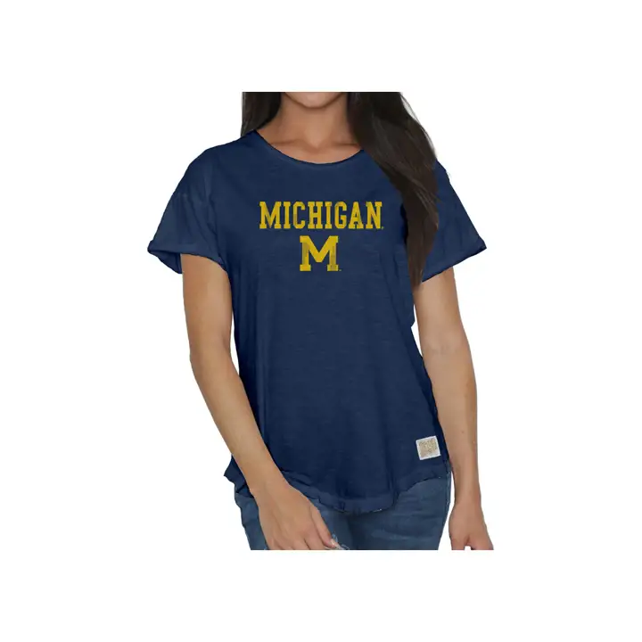 T-shirt Michigan NCAA pour femme à manches roulées en slub 17 marine