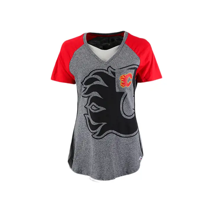 FLAMES LNH T-shirt à encolure en V pour femme avec poche – gris/rouge