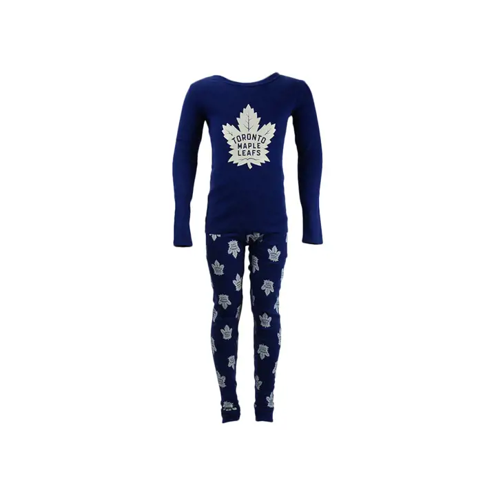 Pyjama enfant (haut manches longues et pantalon) de la LNH (feuille d'érable) bleu/blanc