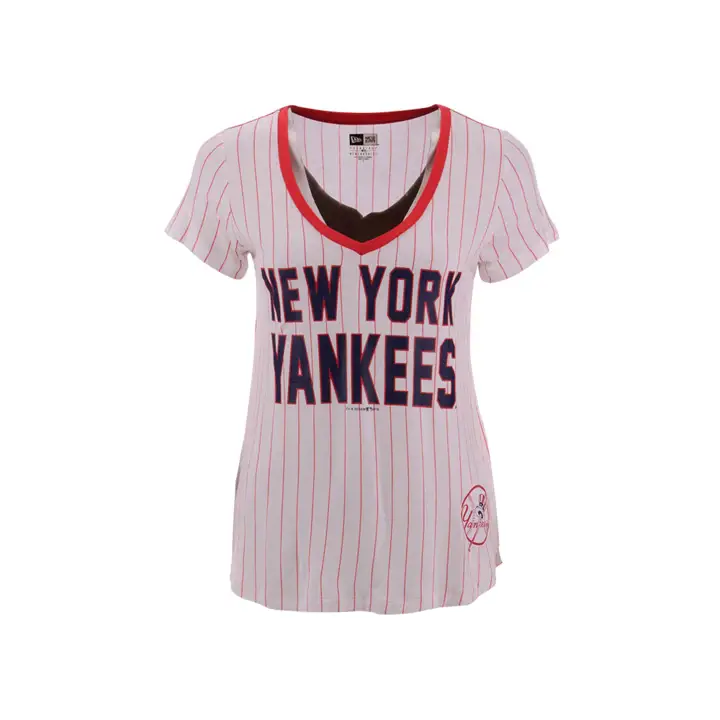 T-shirt à col en V rayé New York Yankees MLB pour femme 19 blanc