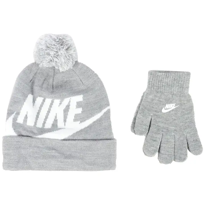 Ensemble bonnet à pompon et gants Nike YTH Swoosh GRIS CHINÉ/BLC
