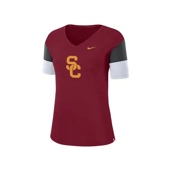 T-shirt respirant à col en V NCAA USC Trojans pour femme 19 cramoisi