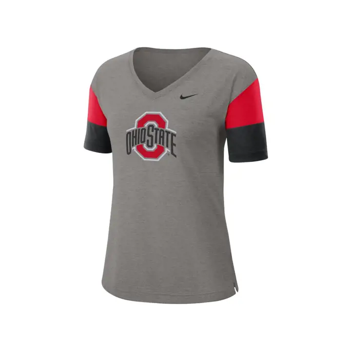 T-shirt à col en V respirant NCAA Ohio State pour femme 19 DKGRY/RED/