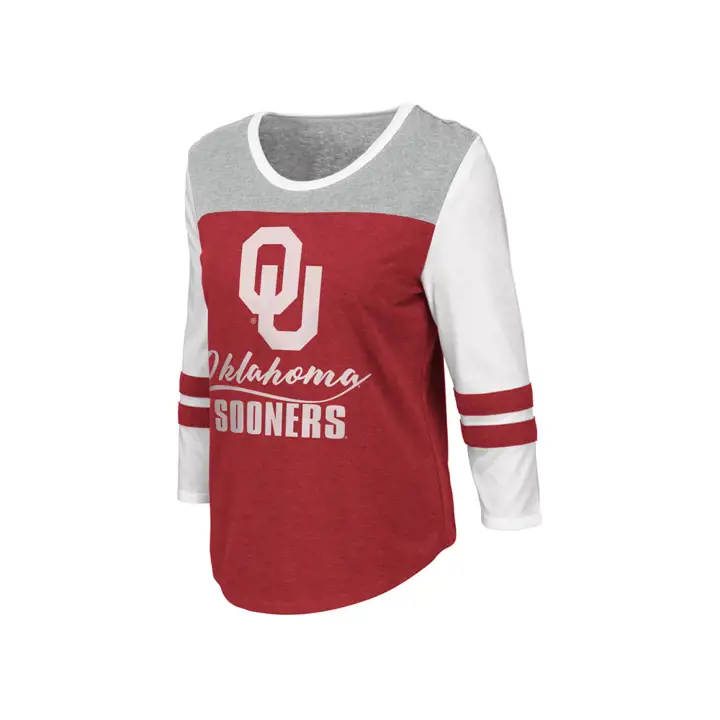 Haut à manches raglan et blocs de couleur NCAA pour femme Oklahoma   cramoisi/blanc/gris