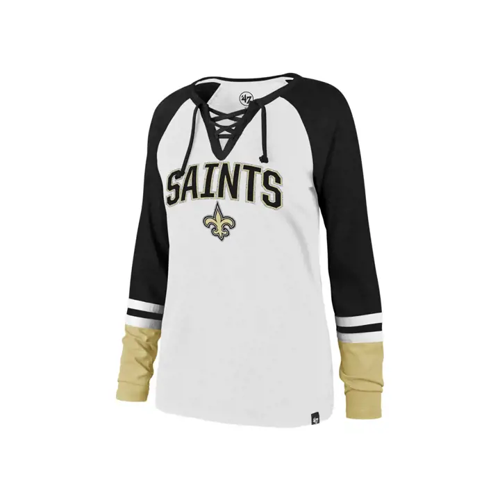 T-shirt femme NFL Saints de la Nouvelle-Orléans à lacets manches longues 19 blanc