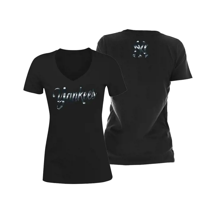T-shirt Col V Femme New York Yankees MLB Noir avec Feuille Métallique 19