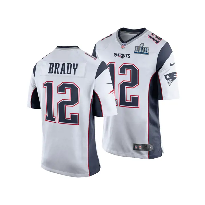 Maillot de match NFL SB LIII Patriots Tom Brady blanc avec patch