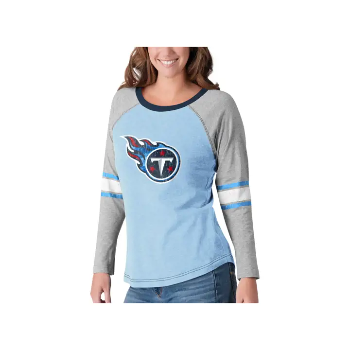 T-shirt à manches longues NFL Tennessee Titans pour femme, coupe Top Pick, bleu/gris/blanc 19