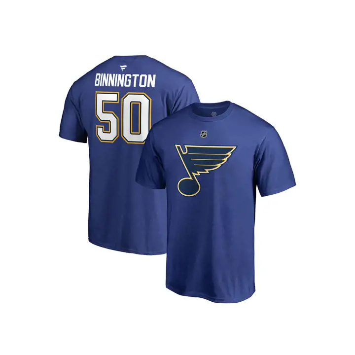 T-shirt NHL Authentique empilé Nom et Numéro Blues Jordan Binnington bleu