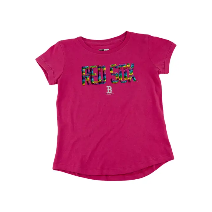 T-shirt Boston Red Sox MLB à paillettes réversibles pour jeunes filles 20 PNK