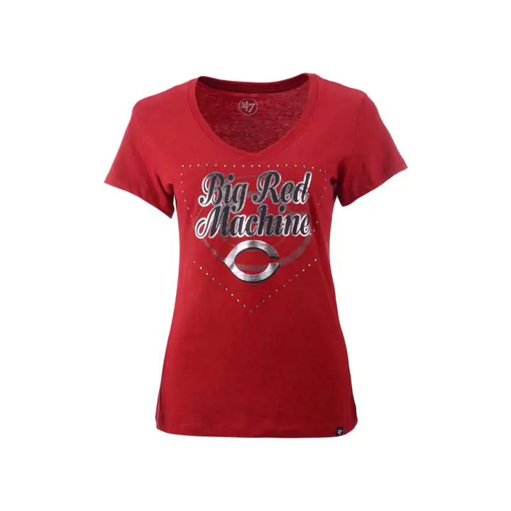 T-shirt à col en V Ultra Rival Slogan Domicile MLB pour femme des Cincinnati Reds