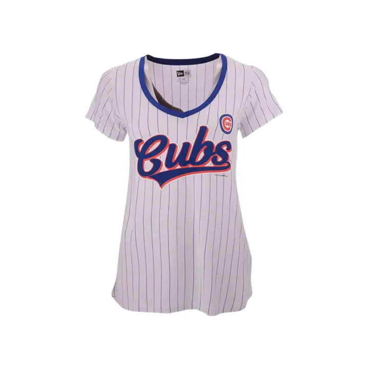 T-shirt à col en V rayé pour femme MLB Chicago Cubs 20 WHT/RBL