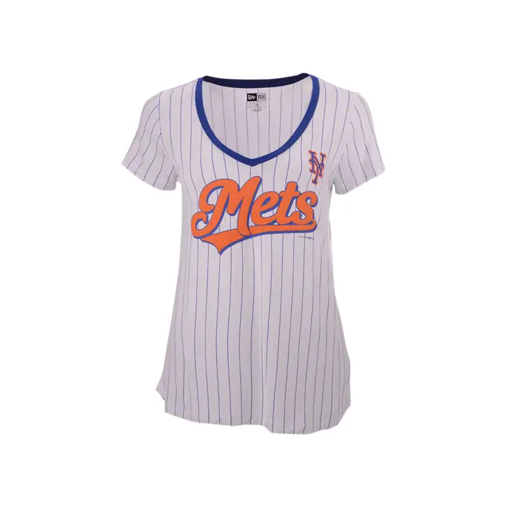 T-shirt à col en V rayé New York Mets MLB pour femme 20 BLA/RB
