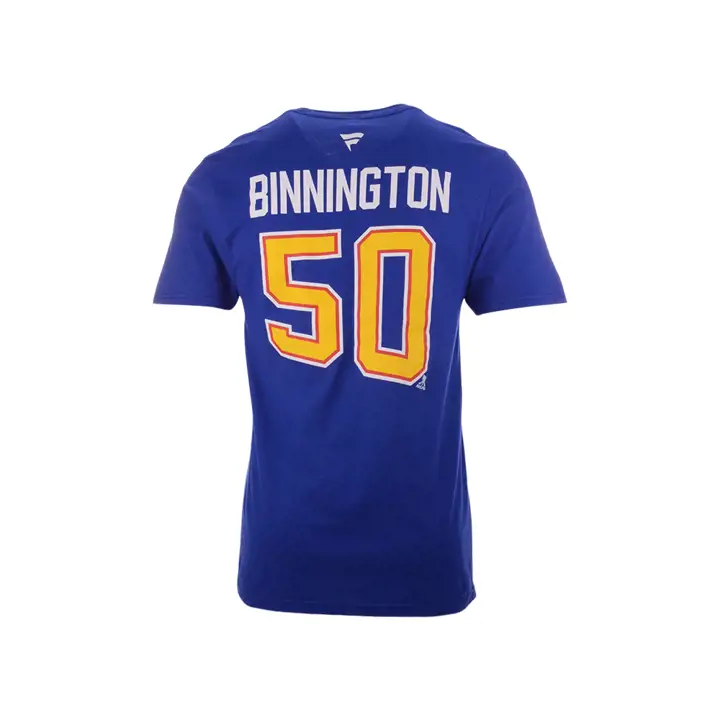 T-shirt authentique des Blues de la LNH Stack N&N Jordan Binnington bleu foncé