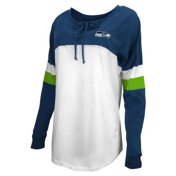 T-shirt à manches longues à lacets Seattle Seahawks NFL pour femme 20 MARINE/BLANC