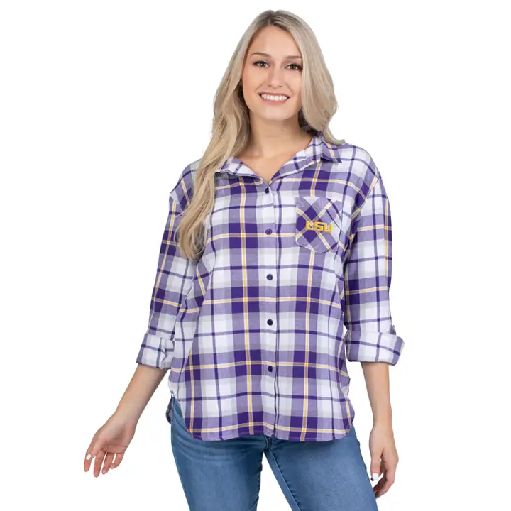 Chemise à carreaux boutonnée Boyfriend L.S.U. NCAA pour femme 20 pur
