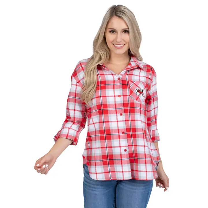 Chemise boutonnée en flanelle à carreaux Georgia NCAA pour femme 20 re