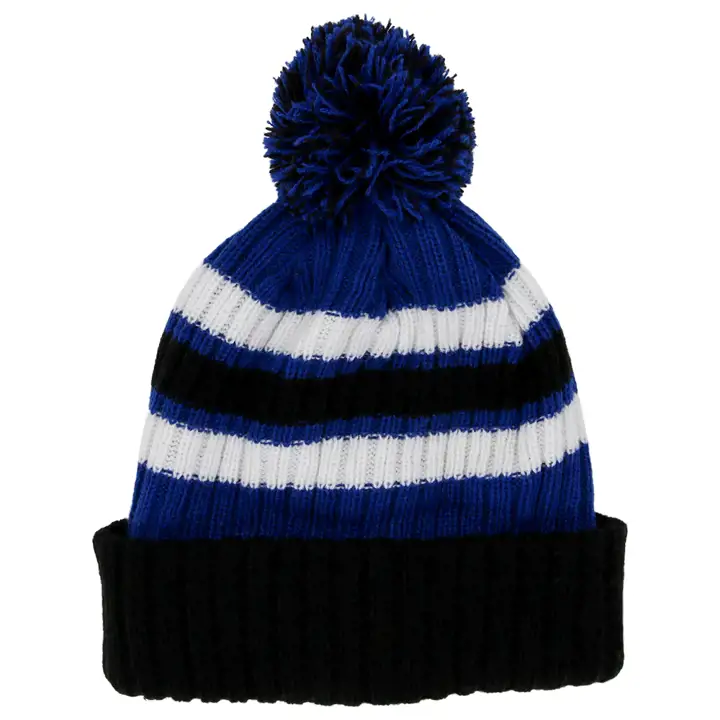 Bonnet à pompon tricoté à revers côtelé NE, RBL/BLK/WHT