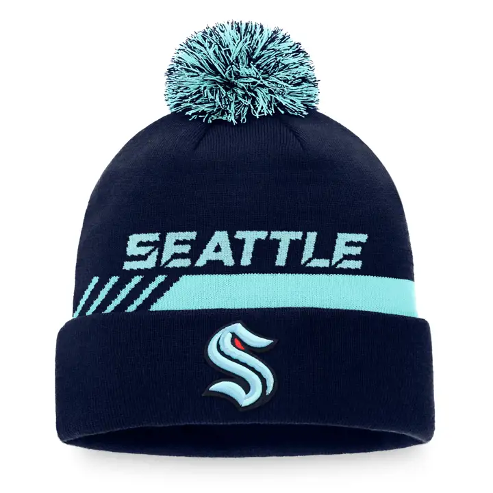 Seattle Kraken LNH 21 Bonnet à revers à pompon BLEU MARINE/BLEU CLAIR