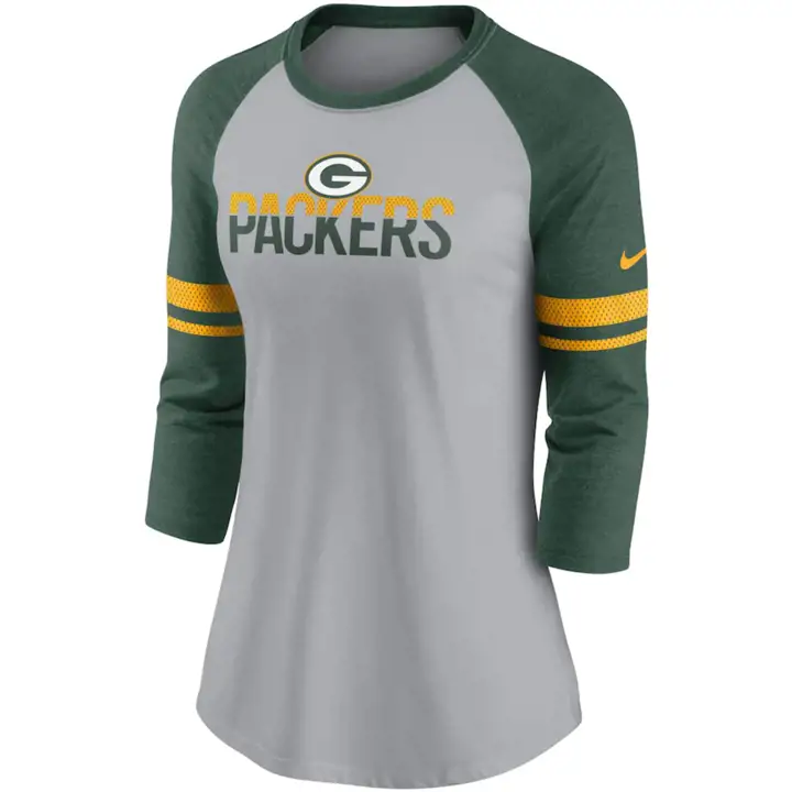 Haut de football américain à manches 3/4 rayé Green Bay Packers NFL pour femme, 21 GR