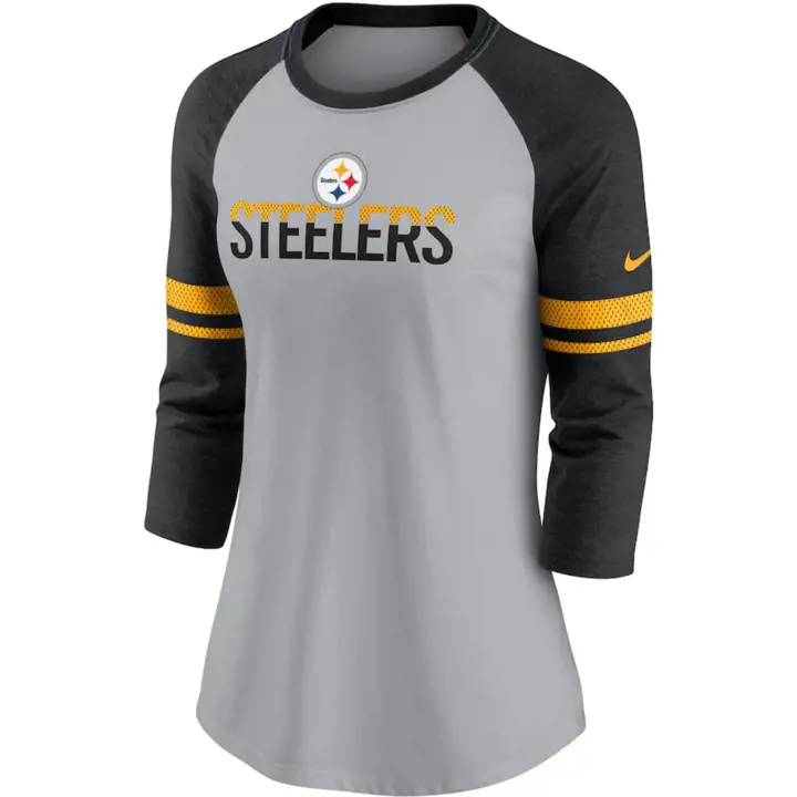 T-shirt de baseball des Steelers de Pittsburgh NFL pour femme - Manches trois-quarts rayées Raglan 21