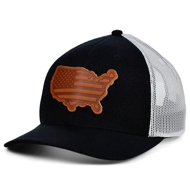 Casquette de routier courbée à drapeau USA BW Leather State Patch NOIR/BLANC/MARRON