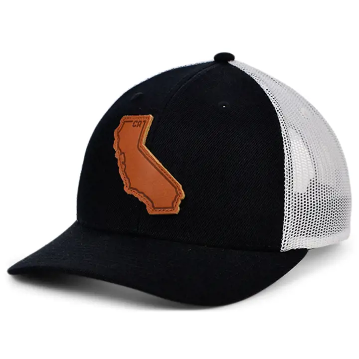 CALIFORNIA BW Casquette Trucker Courbée en Cuir, Patch État, NOIR/BLANC/MARRON
