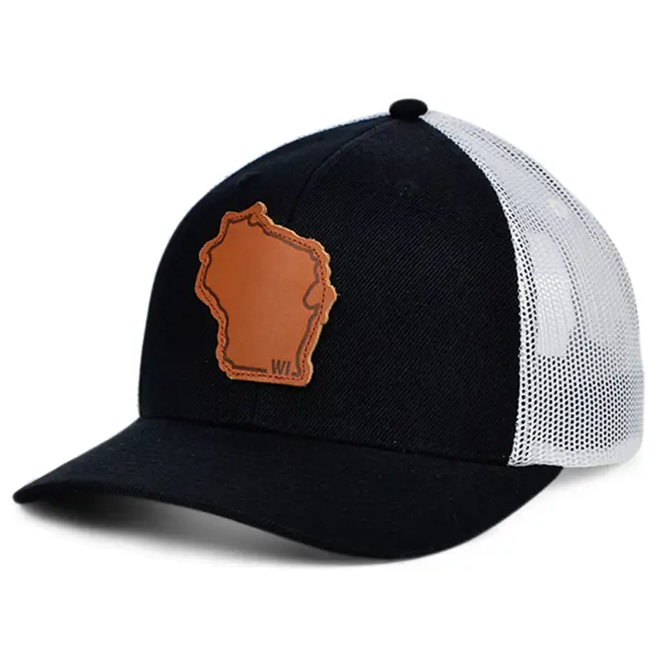 CASQUETTE TRUCKER COURBE PATCH CUIR WISCONSIN BW NOIR/BLANC/MARRON