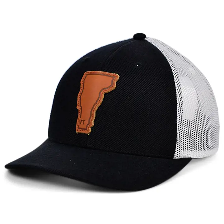 Casquette Trucker Courbée VERMONT BW Cuir Écusson État NOIR/BLANC/MARRON