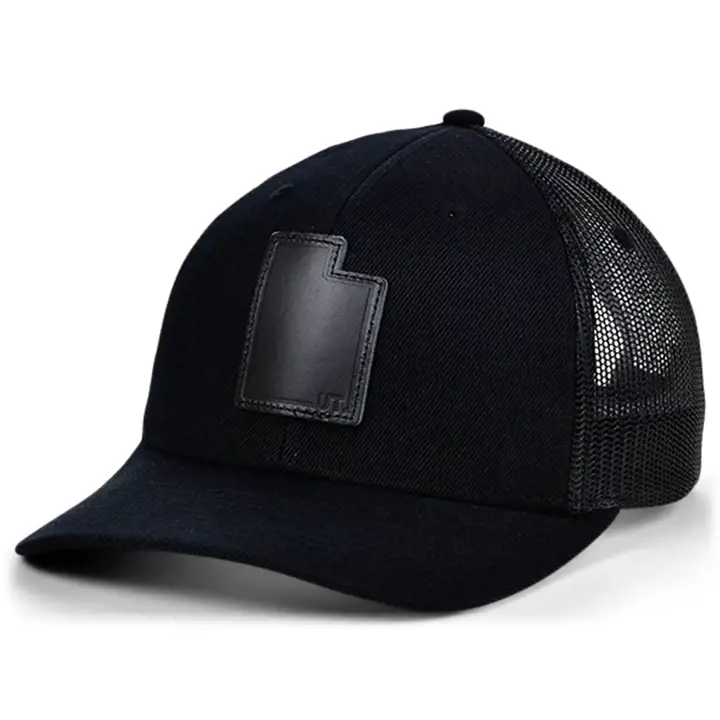 Casquette trucker courbée en cuir noir avec patch d'état UTAH BLK/BLK/BLK