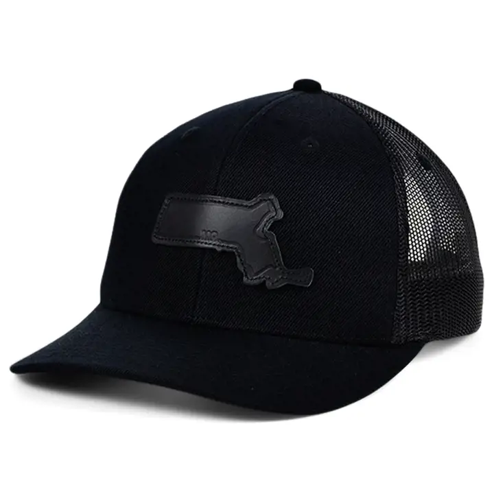 Casquette Trucker Courbée en Cuir Noir avec Écusson État MASSACHUSETTS BL