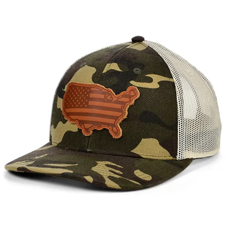 Casquette USA Woodland Leather State Patch Curved Trucker Flag WOODLAN