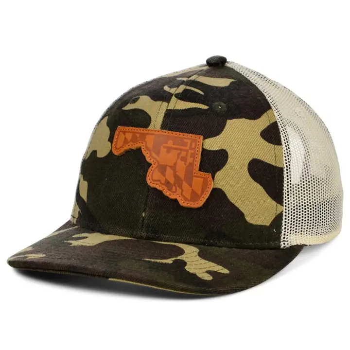 MARYLAND Woodland Leather State Patch Casquette de camionneur incurvée Drapeau WO