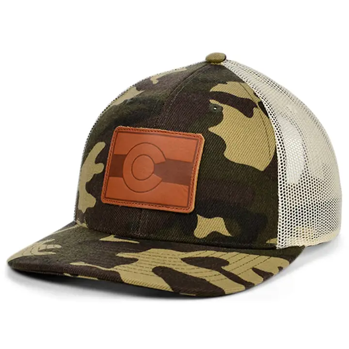 COLORADO Woodland Leather State Patch Casquette Trucker Courbée Drapeau WO