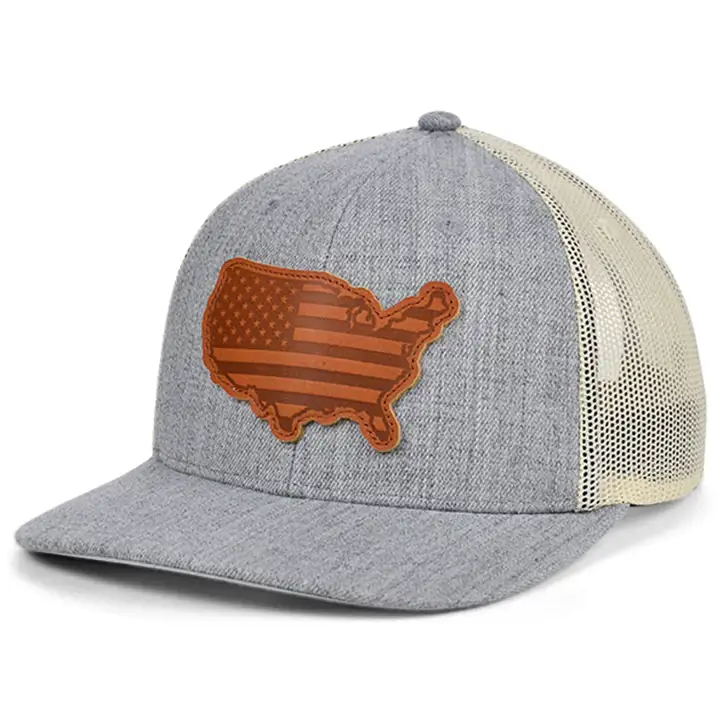 USA Heather Leather State Patch Casquette de camionneur incurvée Drapeau H-GRIS/B