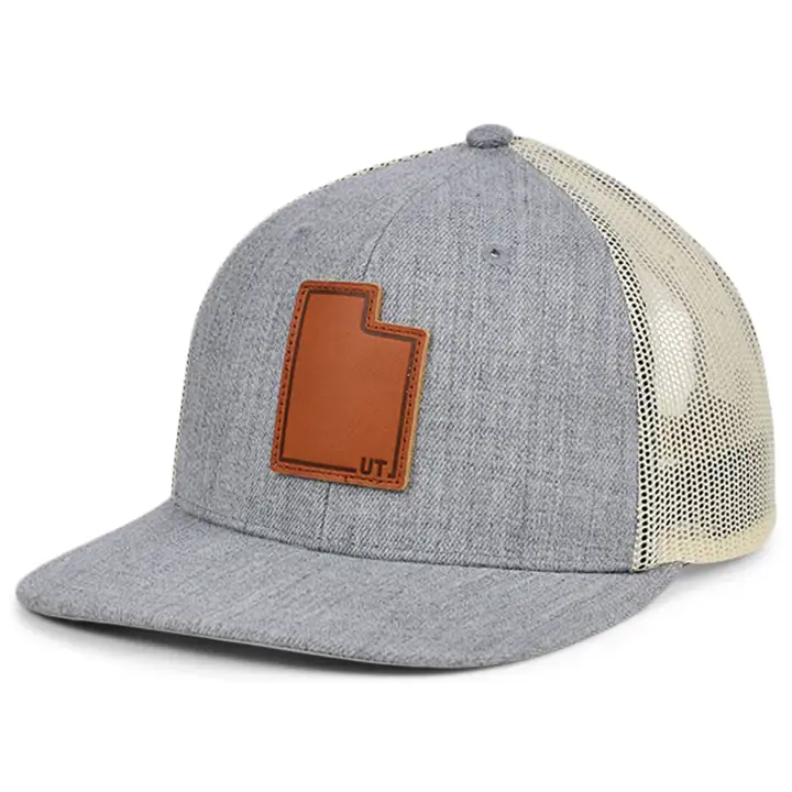 UTAH Casquette Trucker Courbée en Cuir Heather avec Écusson d'État GRIS CLAIR/BLANC/NOIR