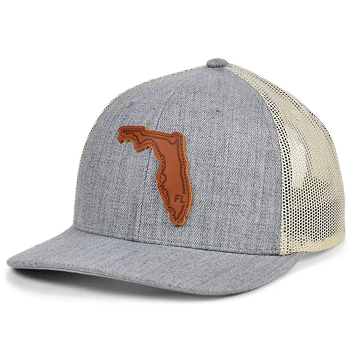 FLORIDA Écusson en cuir Heather Leather Courbé Casquette Trucker Gris Foncé/Blanc