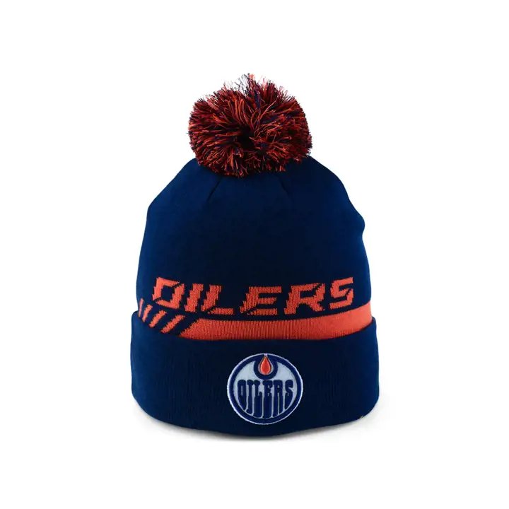 Bonnet à revers et pompon LNH 21 des Oilers d'Edmonton BLEU MARINE/ORANGE