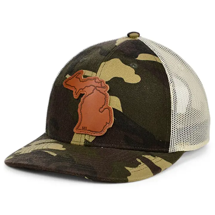Michigan Woodland Leather State Patch Curved Trucker WOODLAN