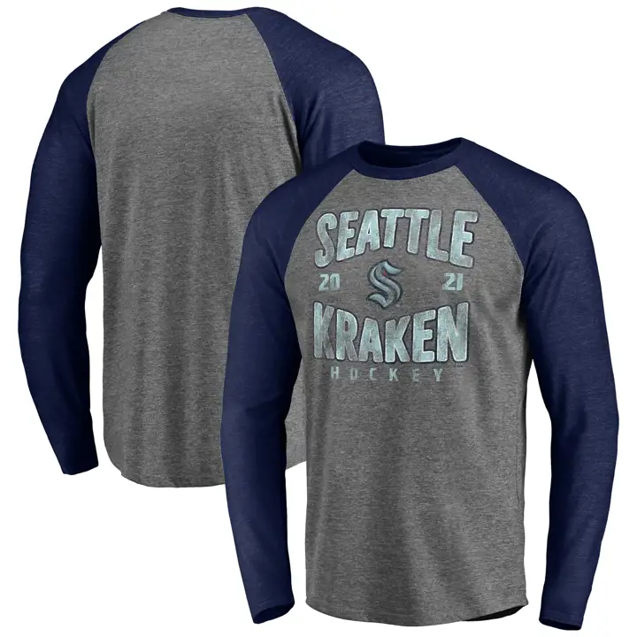 Seattle Kraken NHL Triblend Wave Off Manches Longues Raglan MARINE/GRIS