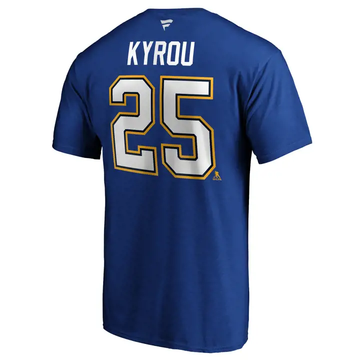 T-Shirt Authentique Stack Nom et Numéro Blues de la LNH Jordan Kyrou BLEU