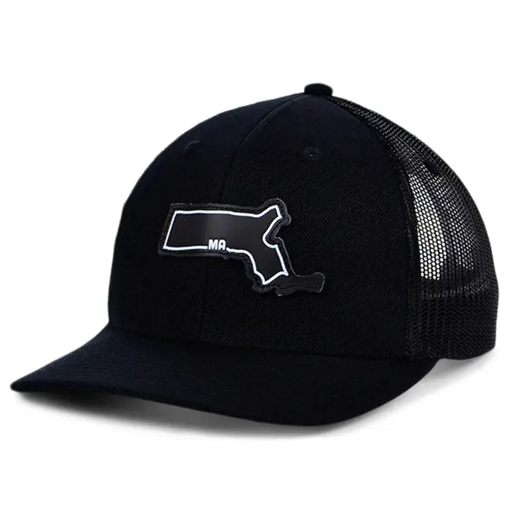 MASSACHUSETTS BBW Écusson en cuir de l'État Casquette de camionneur incurvée Drapeau BL