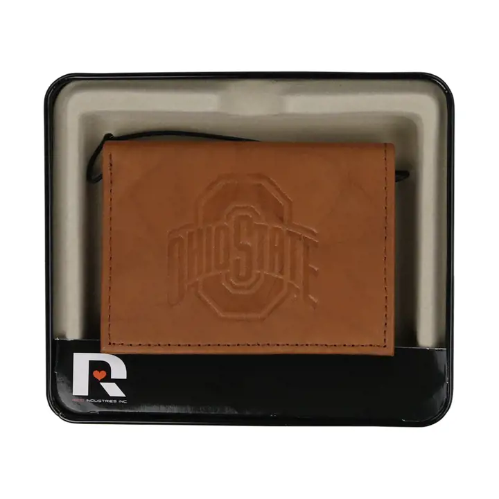 Portefeuille à trois volets en cuir véritable Ohio State Buckeyes marron