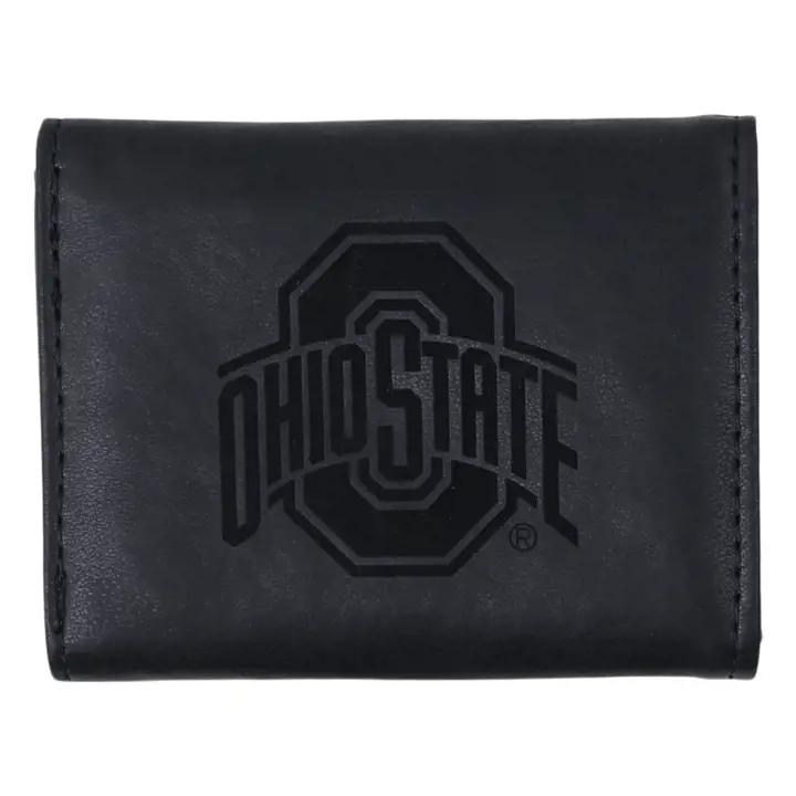 Portefeuille Ohio State Buckeyes en cuir gravé au laser, modèle triptyque, couleur noire