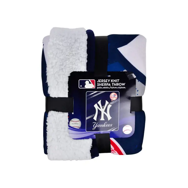 Couverture douillette en sherpa tricotée avec motif maillot des Yankees de New York, marine/blanc
