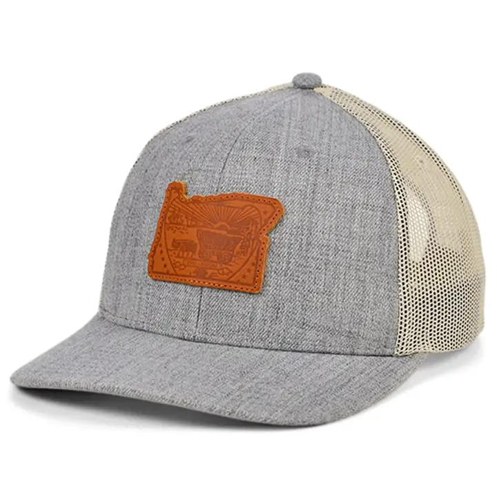 Casquette de camionneur incurvée en cuir de bruyère OREGON, drapeau d'État, gris chiné